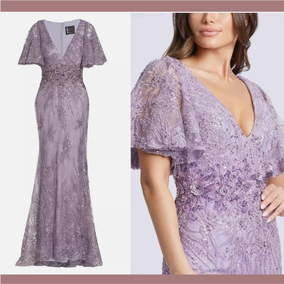 NEW $798 Mac Duggal [ 8 ] Flutter Embellished Lace Gown Vintage Liliac‎ Purple - Picture 2 of 16